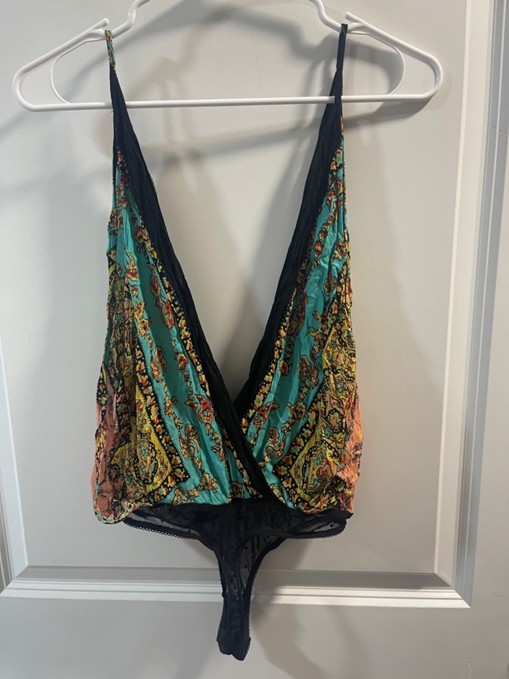 Free People Black & Teal Paisley Tie-Front Bodysuit - Picture 3 of 4